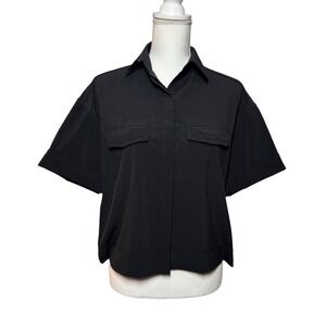 Athleta Utility Short Sleeve Button Up Shirt S Black Excellent Boxy Vent Back